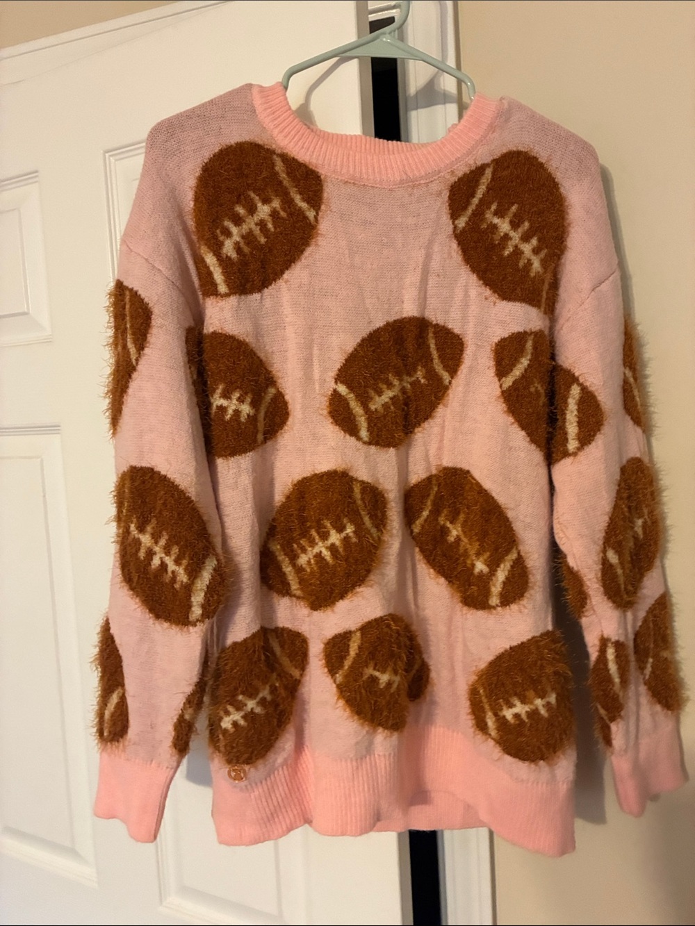 Simply Southern Pink Fuzzy Football-Print Crewneck Sweater